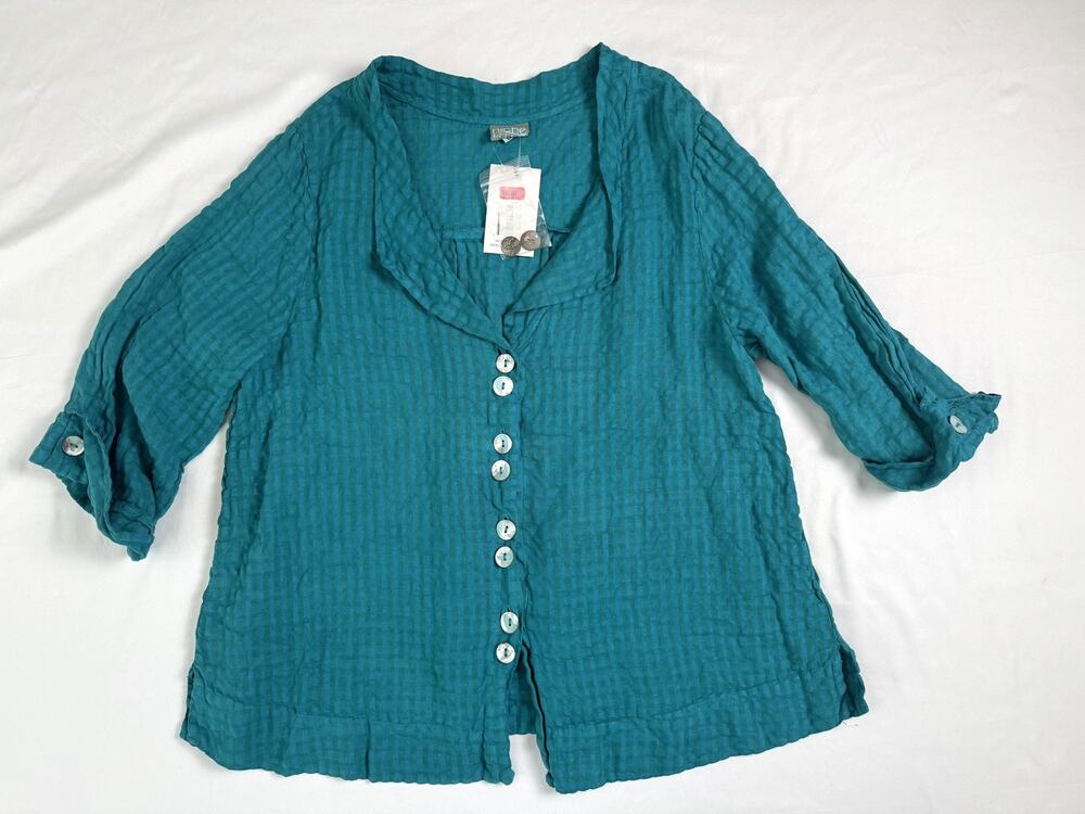 Niche Nilgun Derman Linen Jacket sz Large Teal Lagenlook Artsy Mother of Pearl